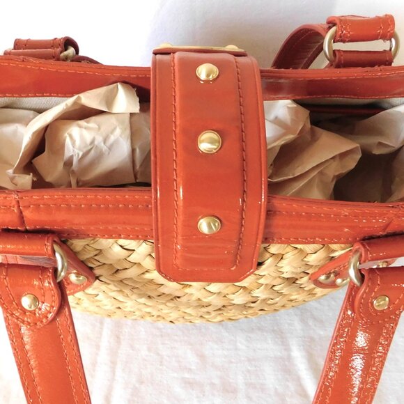 Medium Michael Kors Orange Patent Leather & Straw Tote Handbag Purse - Picture 7 of 13